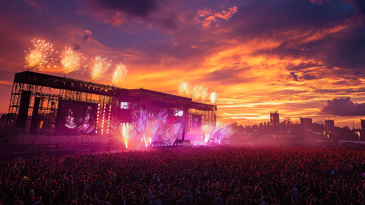 A picture of an outdoor festival stage at sunset with orange and dark purple skies and bright purple and orange fireworks and lighting