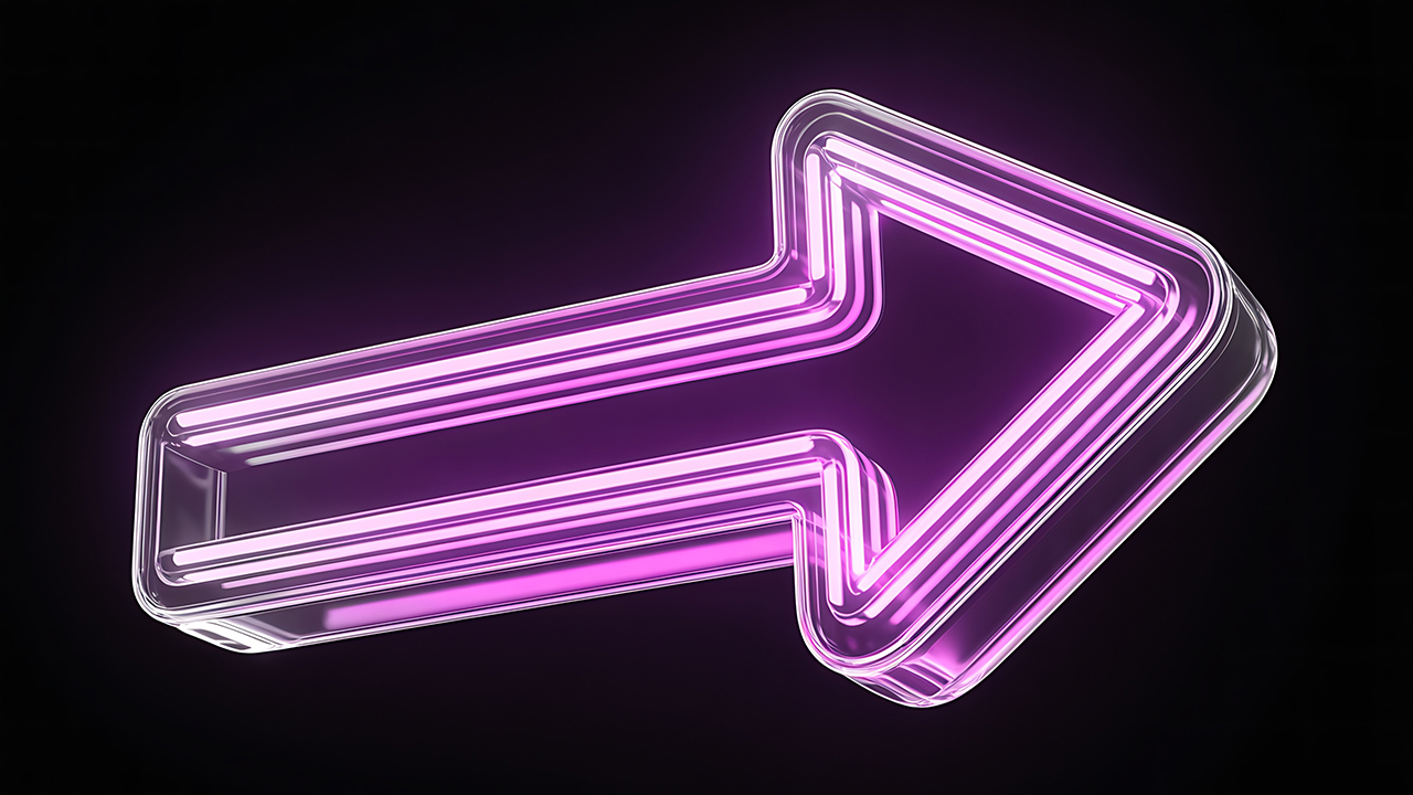 A bright purple neon light in the shape of an arrow on a dark background.